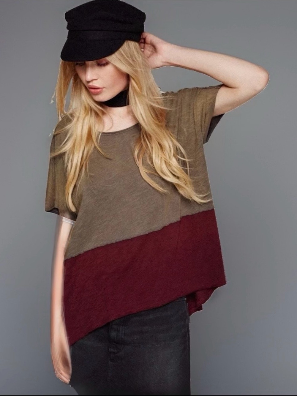 Free People x We The Free Midnight Colorblock Aubergine Scoop Neck Tee Shirt, XS